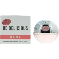 DKNY Be Delicious Fresh Blossom Eau De Parfum 30ml, round pink glass bottle with silver cap, next to white box.