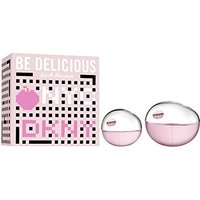 DKNY Be Delicious Fresh Blossom Gift Set with pink and silver round bottles, includes 30ml and 7ml EDP, pink box.