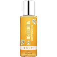 Golden bottle of DKNY Be Delicious Golden Delicious Fragrance Mist 250ml with white cap and bold white lettering.