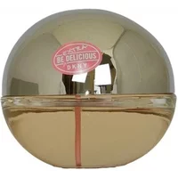 Gold spherical DKNY Be Extra Delicious Eau De Parfum bottle with pink logo and metallic finish, 30ml size.