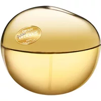 Golden DKNY Golden Delicious perfume bottle, apple-shaped with metallic cap, 100ml.