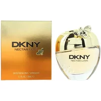 DKNY Nectar Love Eau De Parfum 50ml, gold apple-shaped bottle with bee detail, beside matching gold box.