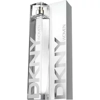 Clear DKNY Women Eau De Toilette 100ml bottle with silver cap, beside matching silver box with bold DKNY logo.