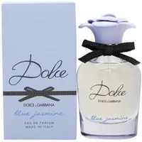 Dolce & Gabbana Blue Jasmine Eau De Parfum 50ml, clear bottle with blue flower cap and black bow, next to blue box.