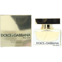 Clear glass bottle with gold cap, labeled "Dolce & Gabbana The One," next to a gold box.