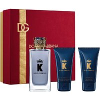 Red Dolce & Gabbana K Gift Set with crown-topped EDT bottle, blue aftershave balm, and shower gel tubes.