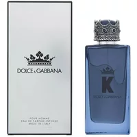 Blue Dolce & Gabbana K Intense Eau De Parfum bottle with crown-shaped cap, next to matching branded box.