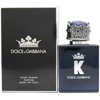 Dolce & Gabbana K Parfum 50ml bottle with crown-shaped cap, dark blue glass, and matching black box.