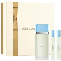 Dolce & Gabbana Light Blue gift set with large bottle, two travel sprays, and cream box with gold ribbon design.