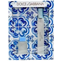 Dolce & Gabbana Light Blue gift set with 10ml spray and 4.5ml splash, in blue and white patterned packaging.