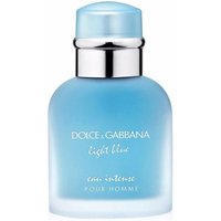 Blue frosted glass bottle with silver cap, labeled "Dolce & Gabbana Light Blue Eau Intense Pour Homme" 50ml spray.