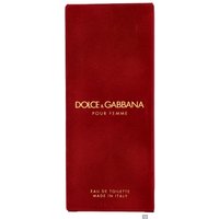 Red rectangular Dolce & Gabbana Pour Femme Eau de Toilette box with gold lettering, 100ml size.