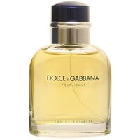 Clear glass bottle with blue cap, containing yellow Dolce & Gabbana Pour Homme Eau De Toilette 75ml spray.