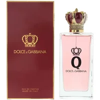 Clear glass bottle of Dolce & Gabbana Q Eau De Parfum, 100ml, with pink liquid and gold crown cap, next to red box.