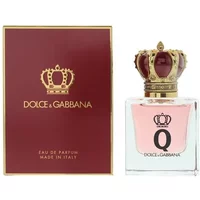 Dolce & Gabbana Q Eau De Parfum 30ml bottle with crown-shaped cap, pink liquid, and matching red box.