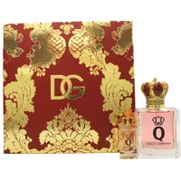 Dolce & Gabbana Q Eau De Parfum Gift Set with red and gold box, crown-topped bottles, 50ml and mini size.