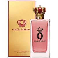 Pink Dolce & Gabbana Q Eau De Parfum Intense 30ml bottle with crown-shaped cap, gold box in background.