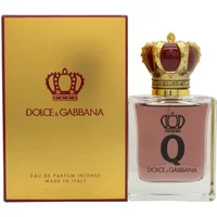 Dolce & Gabbana Q Eau De Parfum Intense 50ml with gold crown cap and red accents, boxed in gold packaging.