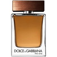 Clear glass bottle with amber liquid, brown rectangular cap, and "Dolce & Gabbana The One" text on the front.