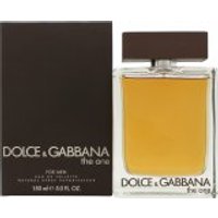 Dolce & Gabbana The One Eau de Toilette 150ml, clear glass bottle with amber liquid and dark brown cap, box included.