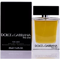Dolce & Gabbana The One For Men 50ml, clear glass bottle with amber liquid, black cap, and black box packaging.