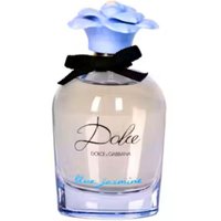 Clear glass bottle with blue floral cap, black bow, and "Dolce & Gabbana Dolce Blue Jasmine EDP" label.