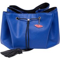 Royal blue faux leather makeup bag with black tassel drawstring and lip charm by Donna May London.