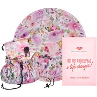 Vintage floral Donna May London lay flat washable makeup bag with pink, purple flowers and drawstring closure.
