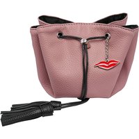 Nude Donna May London mini lay flat makeup bag with black drawstring and red lips charm.