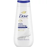 Dove Advanced Care shower gel, 225ml white bottle with blue cap, gold Dove logo, and deep nourishing label.