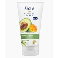 Dove Body Love Invigorating Care Hand Cream 75ml tube with avocado and marigold images on white background.