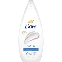 Dove Hydrate Body Wash 225ml in white bottle with blue text, gold dove logo, and water droplet graphic.