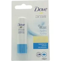 Dove Hydrating Lip Balm 4.8g in white tube with blue cap, packaged on branded card with moisturizing claims.