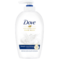 Dove Kosteuttava Nestesaippua, 250ml white bottle with pump, blue logo, gold accents, and creamy milk splash graphic.