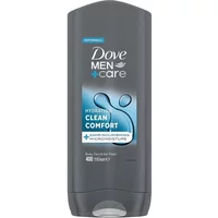 Dove Men+Care Clean Comfort wash, dark gray bottle, blue label, 400ml, for body, face, and hair.
