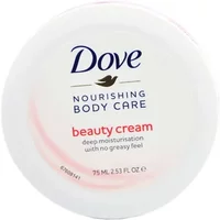 Dove Nourishing Body Care Beauty Cream 75ml, white round container with blue and pink text, Dove logo on lid.