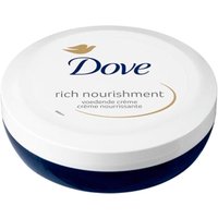 White Dove Rich Nourishment Body Cream jar, 75ml, with blue lid and gold swoosh design.