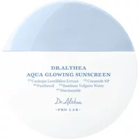 Round white and blue Dr. Althea Aqua Glowing Sunscreen SPF 50+ container, 45ml, with elegant text and logo.