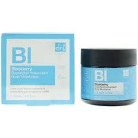 Blue jar with black lid, labeled "Blueberry Superfood Antioxidant Body Moisturiser" next to matching blue box.