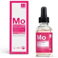 Dr Botanicals Moroccan Rose Facial Serum, clear bottle with dropper, pink label, 15ml, with box packaging.