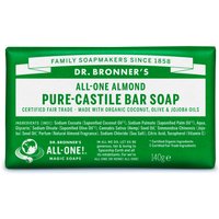 Green Dr. Bronner’s Almond Pure-Castile Bar Soap, 140g, with white text and ingredient details on packaging.