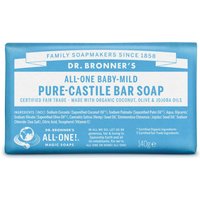 Blue Dr. Bronner’s Baby Mild Pure-Castile Bar Soap, 140g, with white text and logo, certified fair trade.