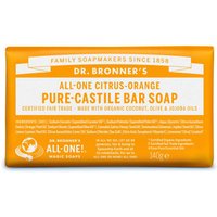 Orange Dr. Bronner’s Citrus-Orange Pure-Castile Bar Soap, 140g, with white text and logo on the packaging.