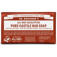 Dr. Bronner’s Eucalyptus Bar Soap, 140g, brown packaging with white text and red accents, organic ingredients.