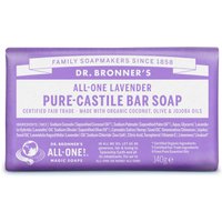 Lavender Dr. Bronner’s bar soap, 140g, purple wrapper with white text and logo, certified fair trade.
