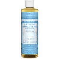 Dr. Bronner’s Castile Soap Baby Mild 475 ml, clear bottle with blue label and white text.