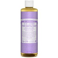 Dr. Bronner’s Lavender Castile Soap 475 ml, purple label, clear bottle, liquid soap with white text and cap.