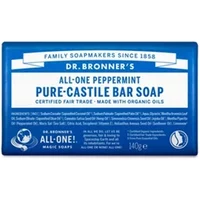 Blue Dr Bronner's Pure-Castile Bar Soap, Peppermint, 140g, with white text and logo, certified fair trade.
