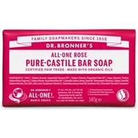 Dr Bronner's Rose Pure-Castile Bar Soap, pink packaging with white text, 140g, organic and fair trade certified.