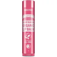 Pink Dr Bronner's Organic Lip Balm Cherry Blossom 4g tube with white text and logo.